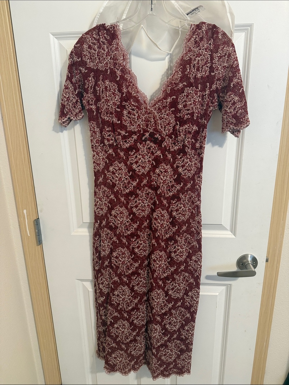Women's Burgundy Lace Midi Dress with Ivory Floral Accents